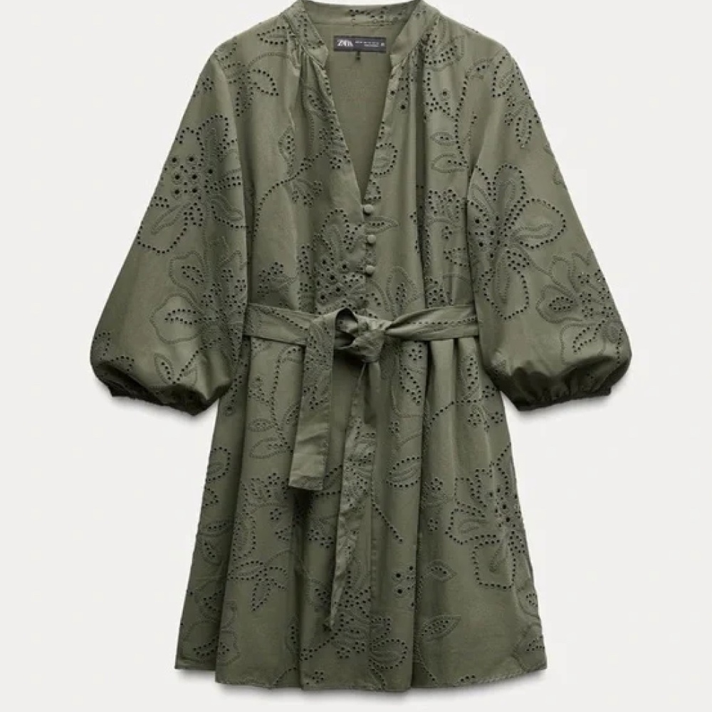 Zara Rubberized Embroidered Green Dress Medium (Like New, only warn once)